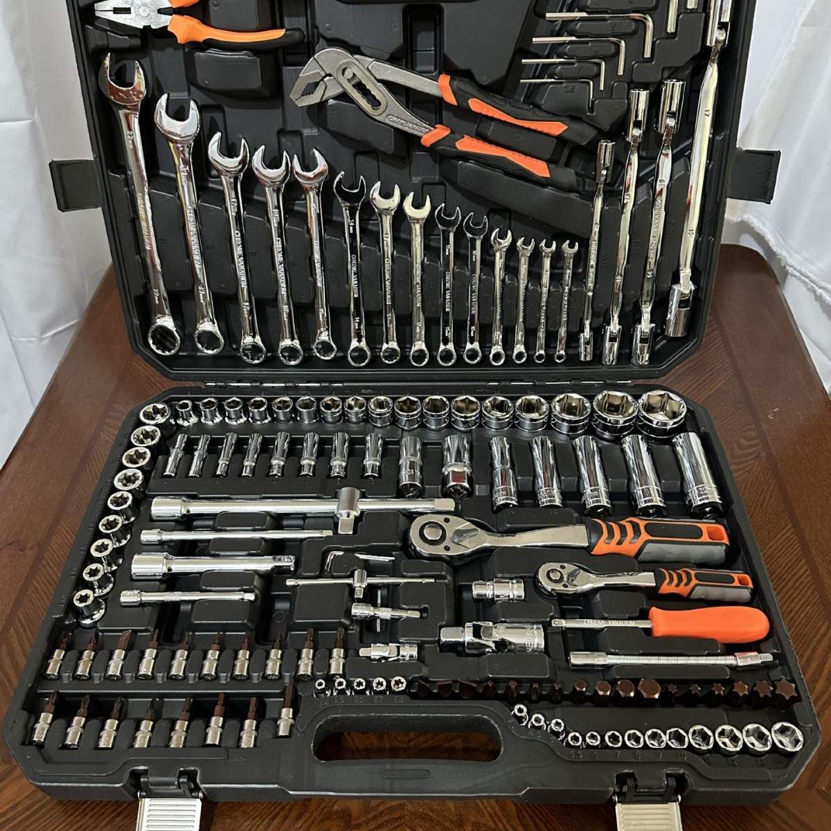 137件汽机修套装工具PC棘轮双头扳手钳子螺丝批内六角水泵钳综合