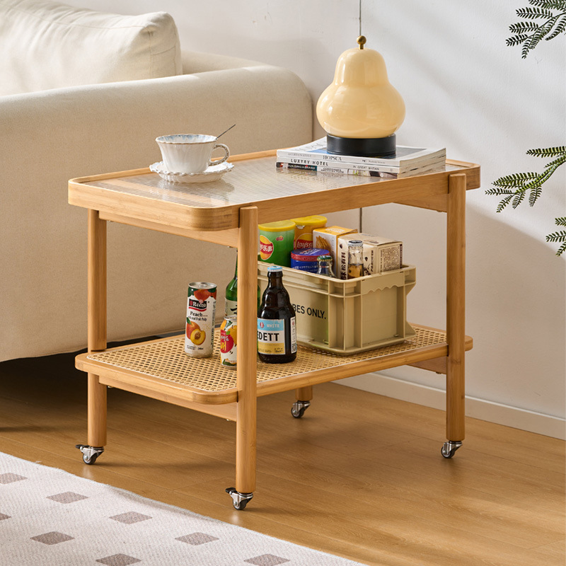 全楠竹边几移动沙发藤编简约边桌移动小边几带轮茶几可移动床头柜