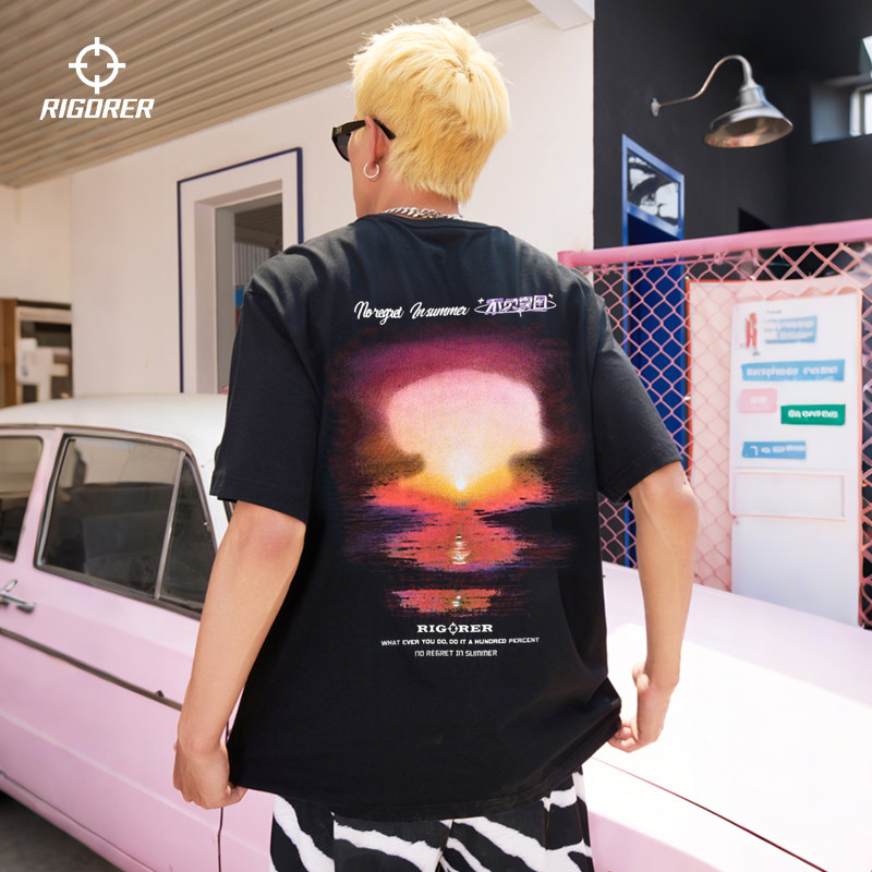 准者运动短袖青少年夏日新款美式复古纯棉潮印花宽松半袖黑色T恤