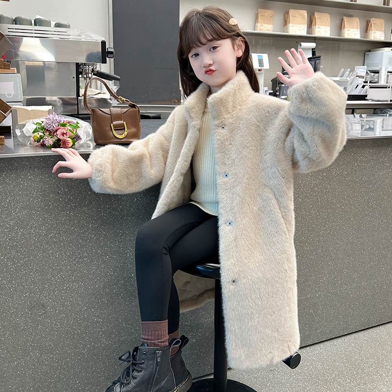 女童长款仿皮草大衣毛绒外套加厚保暖皮毛一体儿童毛毛大衣水貂绒