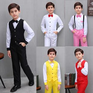 花童礼服男童小西装马甲套装大童儿童背带裤演出服婚礼钢琴表演服