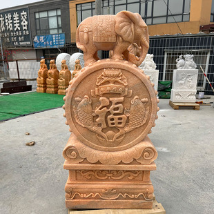 晚霞红石雕门墩户外庭院别墅酒店抱鼓石摆件家用门口石鼓景观装饰