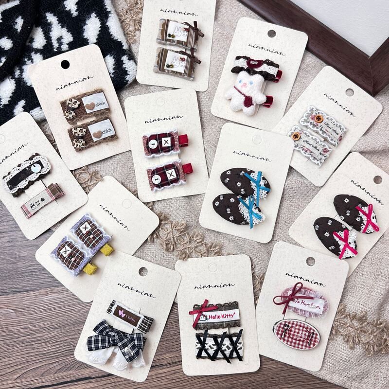 新款韩系布艺格纹蕾丝儿童发夹