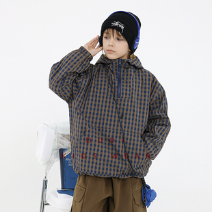 多加潮牌童装男童格子加绒外套秋冬装新款儿童连帽外套中大童帅气