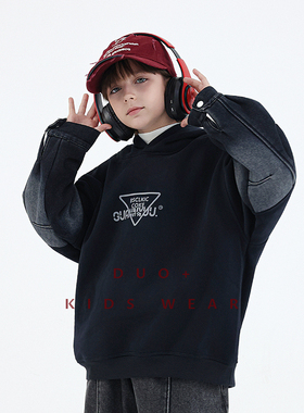 多加潮牌童装男童加绒卫衣冬装新款儿童牛仔拼接袖子中大童上衣潮