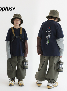 多加潮牌童装男童山系假两件t恤2025秋装新款儿童帅气长袖上衣潮