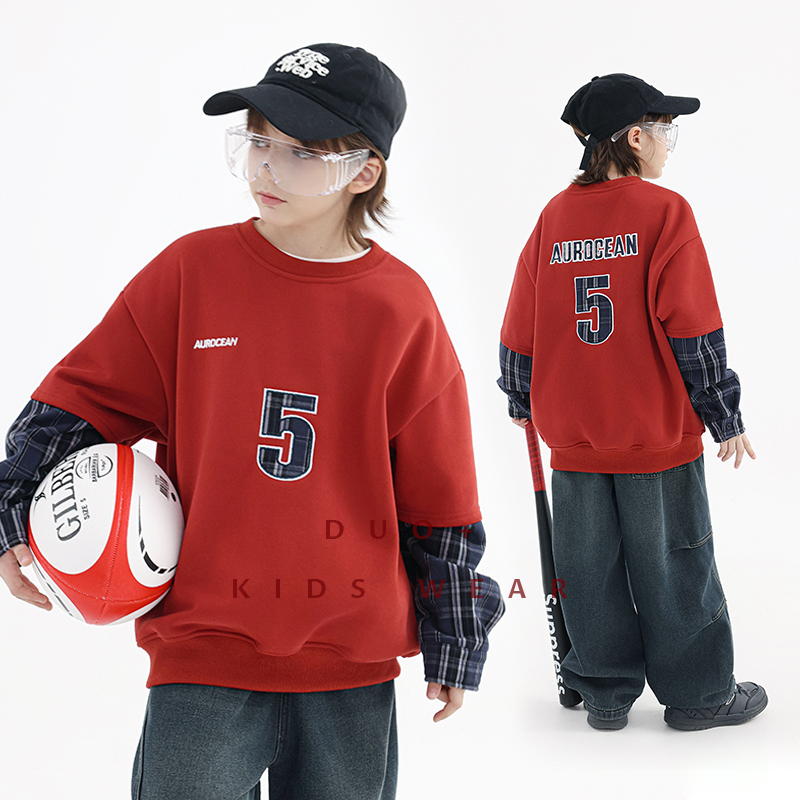 多加潮牌童装男童加绒红色卫衣2025秋冬装韩版儿童中大童套头衫潮