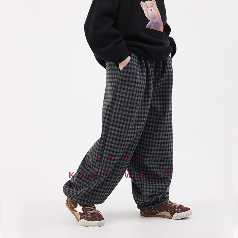 冬款上新 黑灰格子加绒羊毛束腿裤