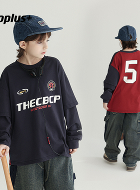 多加潮牌男童假两件t恤2025春装新款儿童韩版帅气长袖潮酷上衣