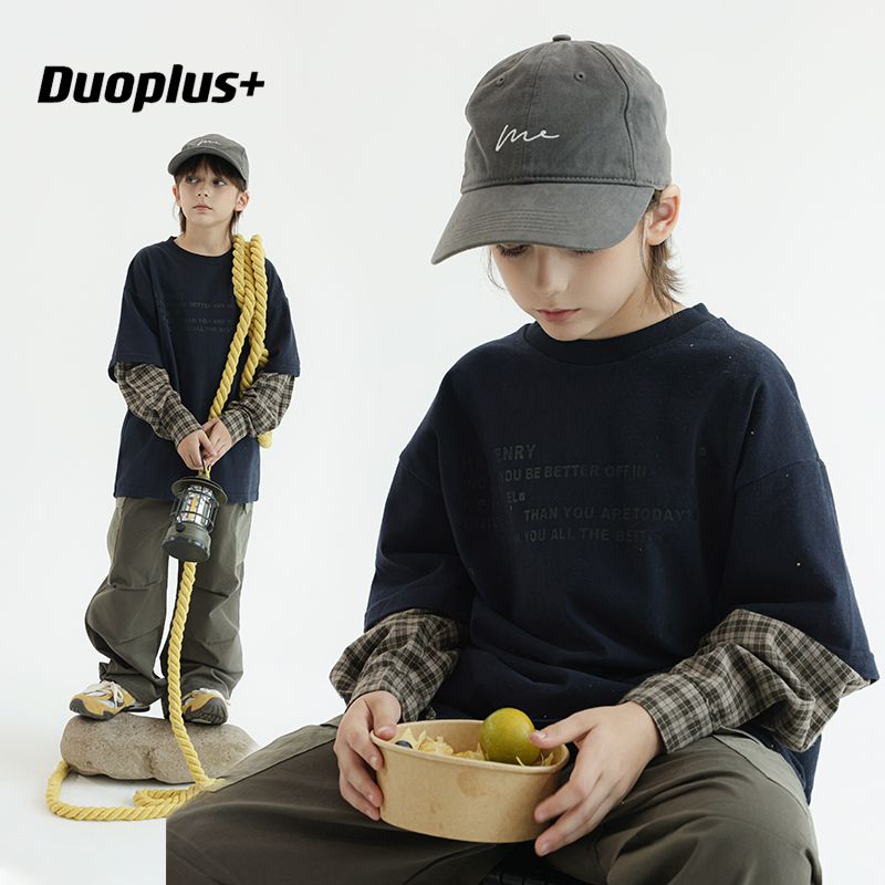 多加潮牌童装男童美式假两件t恤2025秋装新款儿童长袖时髦上衣潮