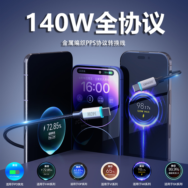 140W顶配版PPS协议转换线适用于华为OPPO三星荣耀VIVO红米小米IQOO一加高配数据线手机充电线锌合金编织线