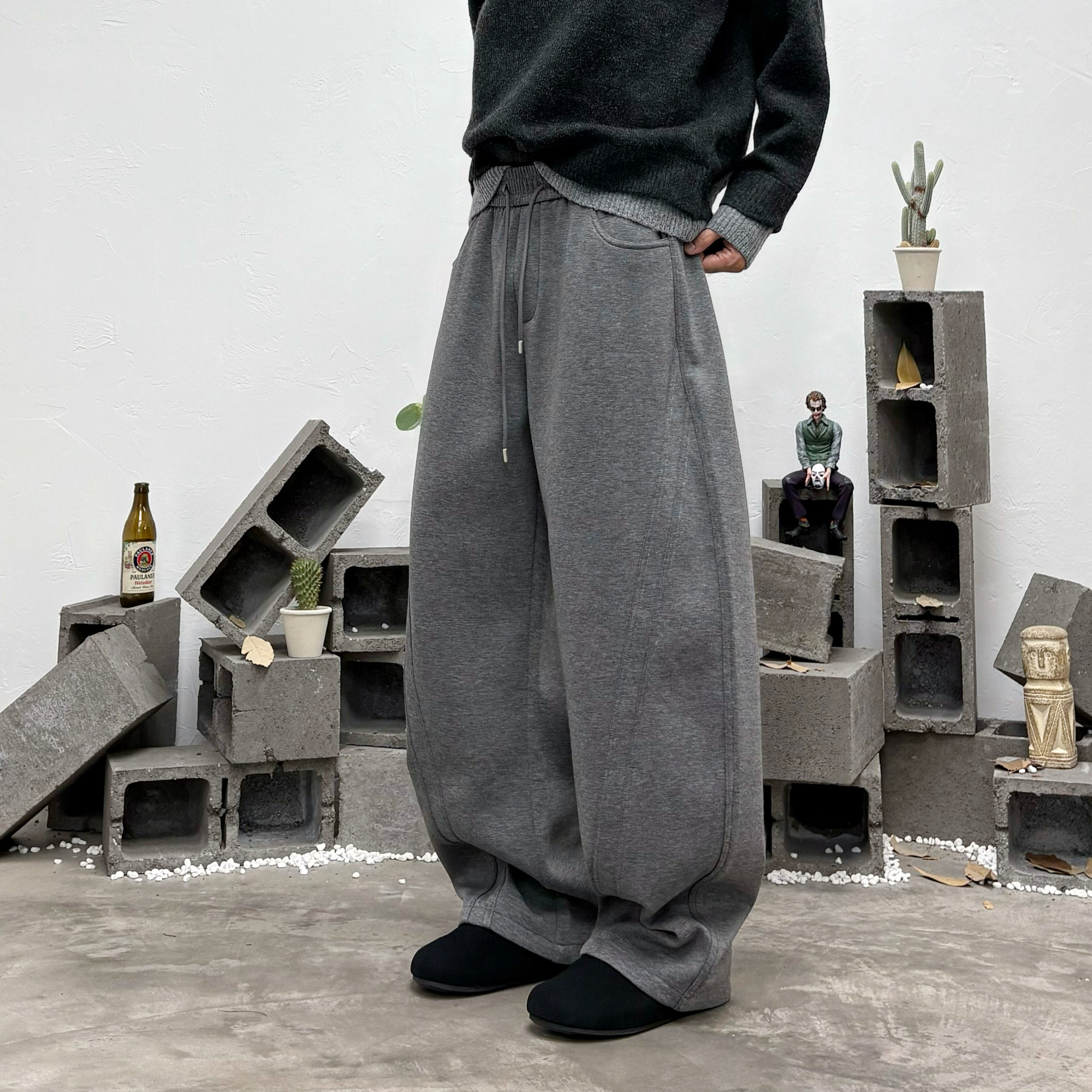 冬季加绒宽松直筒立体拼接深灰色高级感卫裤美式垂感阔腿运动裤潮