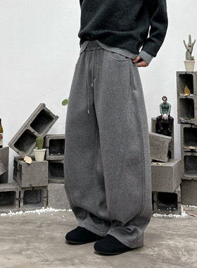 冬季加绒宽松直筒立体拼接深灰色高级感卫裤美式垂感阔腿运动裤潮