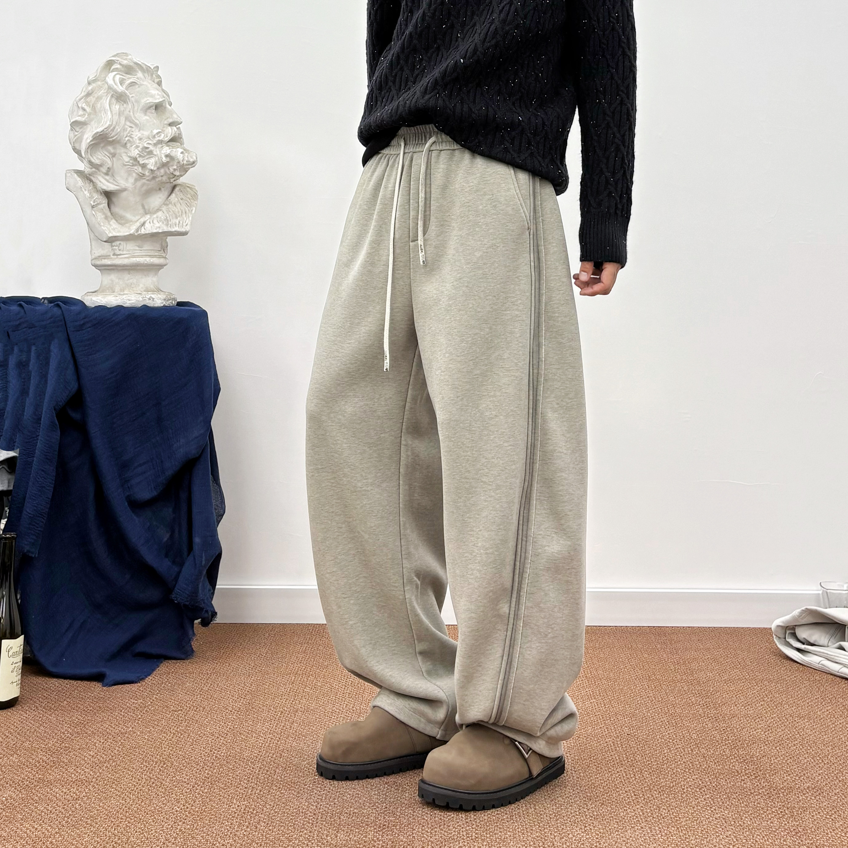 秋冬加绒抽绳美式痞帅拼接条纹撞色宽松直筒卫裤男阔腿垂感休闲裤