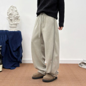 男阔腿垂感休闲裤 秋冬加绒抽绳美式 痞帅拼接条纹撞色宽松直筒卫裤