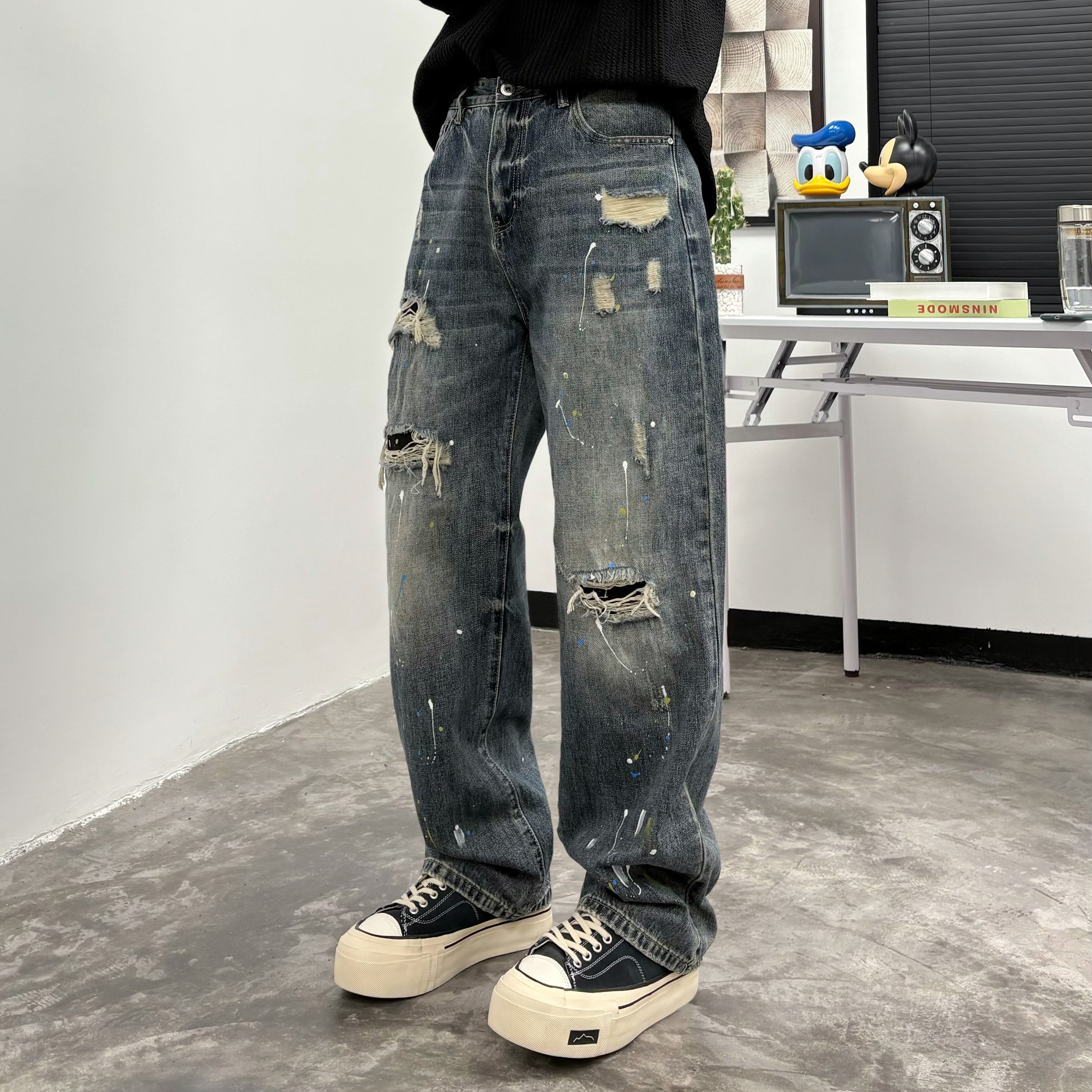 长裤破洞泼墨牛仔裤潮男