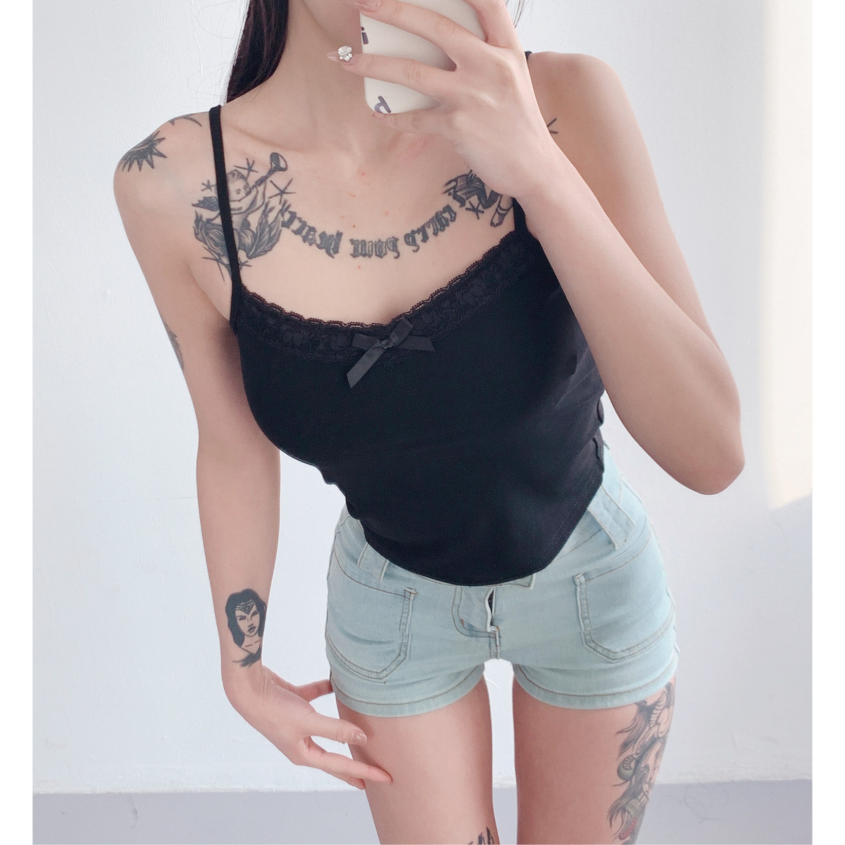 m4783美貌代表纯欲风蝴蝶结蕾丝花边吊带小背心修身短款打底上衣