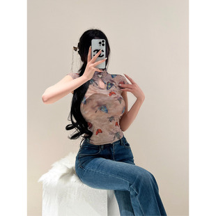 纯欲小飞袖 网纱立领旗袍小上衣女夏季 T恤 国风短袖 M5282新中式