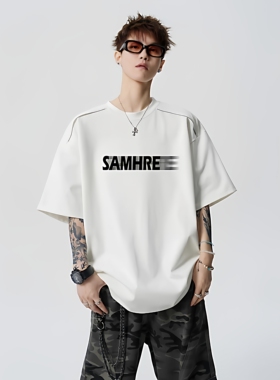 美式痞帅潮牌重磅白色短袖t恤男生夏季新款ins设计感落肩半袖上衣