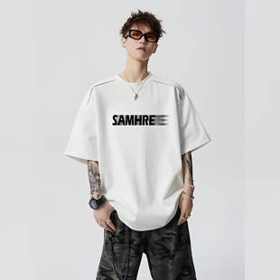 美式痞帅潮牌重磅白色短袖t恤男生夏季新款ins设计感落肩半袖上衣