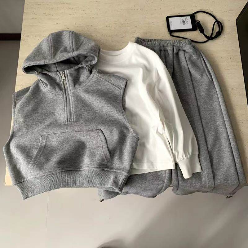 男童春连帽马甲长袖T恤运动裤三件套中小童卫衣套装 休闲宽松百搭