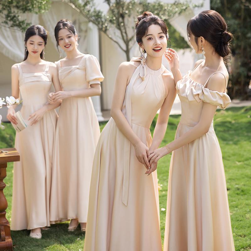 。香槟色伴娘服2025新款夏季缎面高级感小众姐妹团晚礼服裙平时可