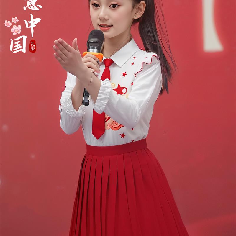 。儿童爱国合唱诗歌朗诵演出服女童中小学生红色主持演讲比赛礼服