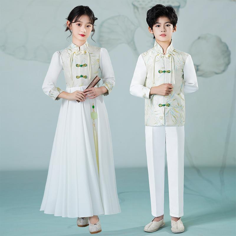 。儿童中式演出服小学生诗歌朗诵爱国演讲比赛服装合唱主持礼服女