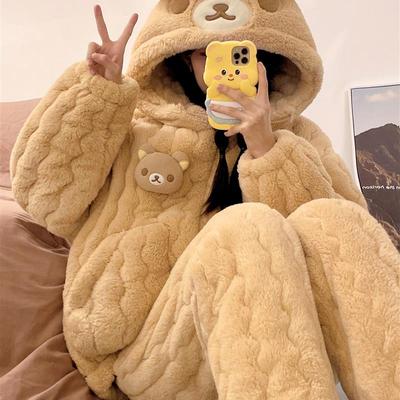 。秋冬季三层夹棉睡衣女轻松熊连帽加绒加厚珊瑚绒家居服可外穿套