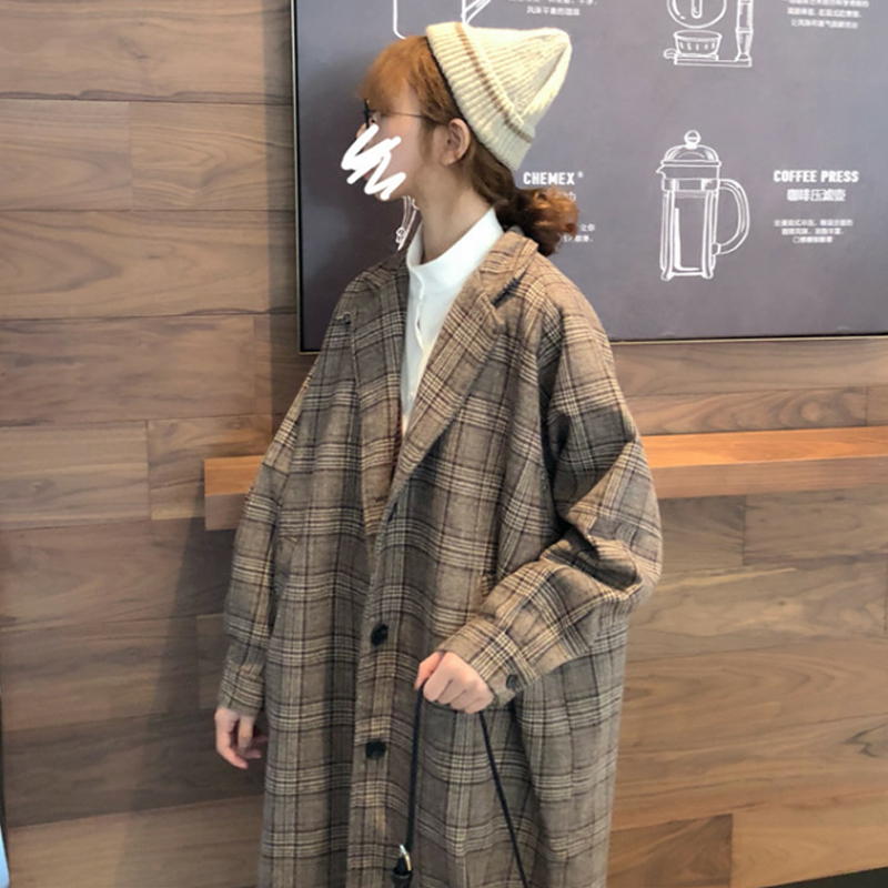 2018流行格子大衣女中长款秋冬季新款韩版赫本风呢子学生毛呢外套
