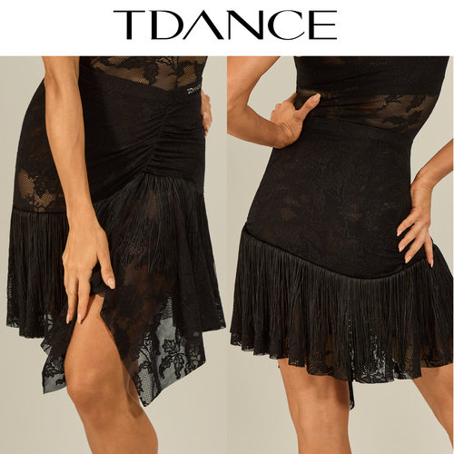 TDANCE蕾丝斜腰流苏半裙