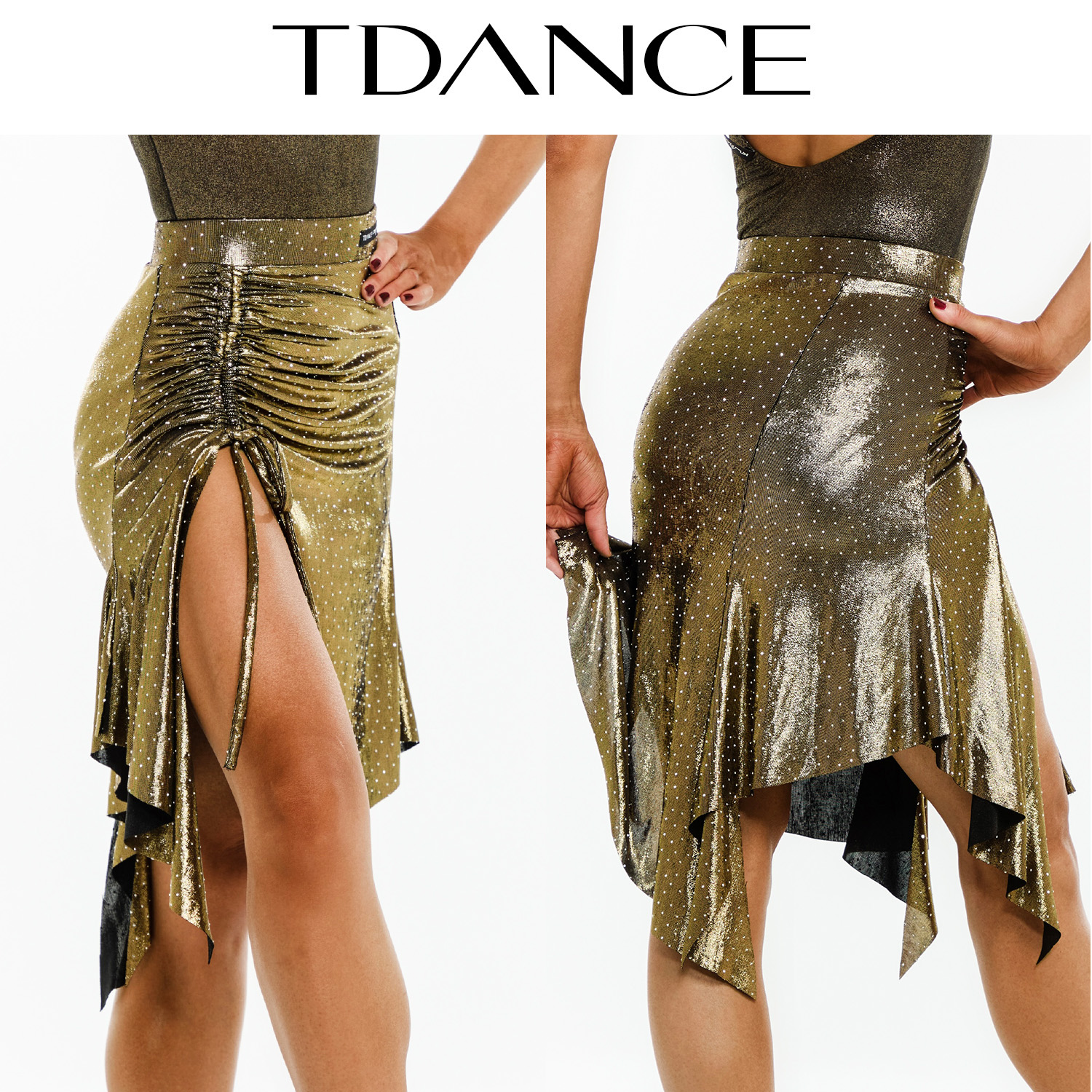 杜玉君联名烫钻亮皮抽褶抽绳半裙