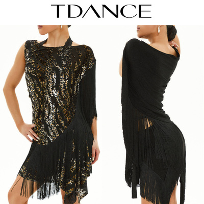 TDANCE一字领拼接流苏上衣