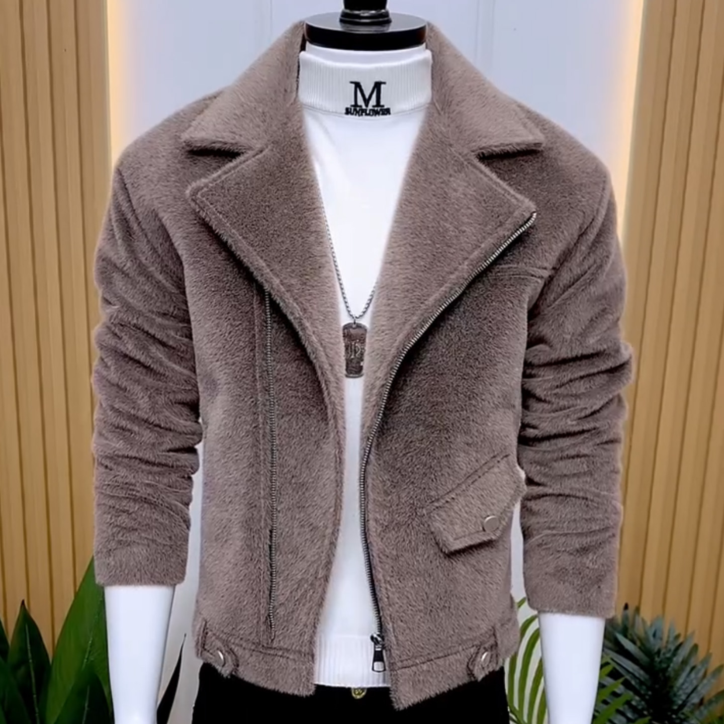 水貂绒外套男韩版潮流大翻领男士夹克加厚保暖痞帅机车服纯色棉衣