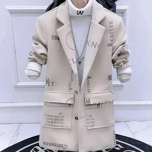 风衣字母潮流时尚 中长款 毛呢大衣新款 个性 外套男 韩版 冬季 炸街男士