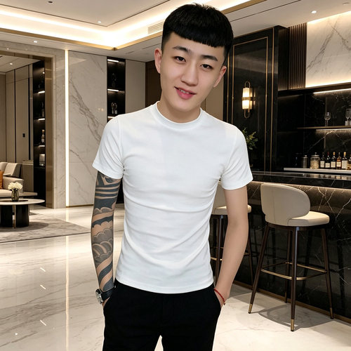 半高领短袖男夏季纯色韩版t恤