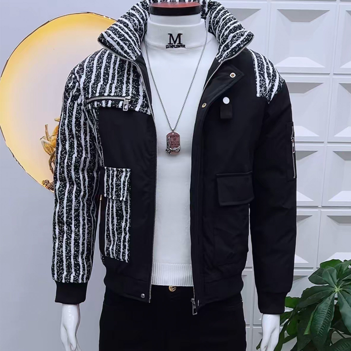 个性棉服外套男条纹拼色痞帅加厚男士棉衣立领韩版新款高级感棉袄