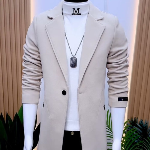 韩版潮流中长款男士毛呢大衣修身