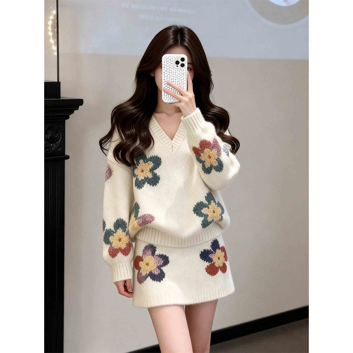 小香风毛衣套装女秋冬穿搭一整套温柔风花朵毛衣针织半身裙两件套