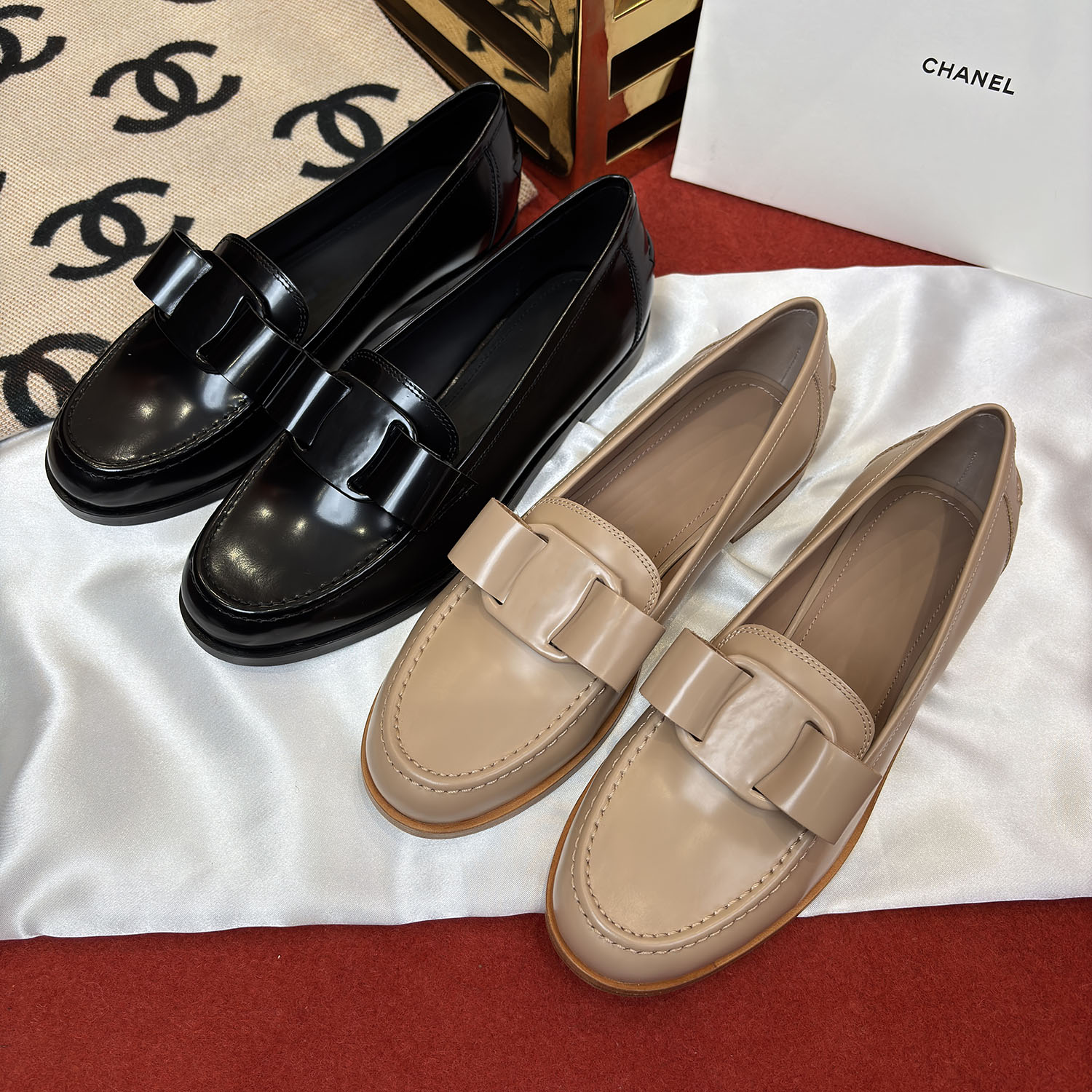 SF新款真皮蝴蝶结低跟乐福鞋