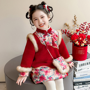 女童新中式红色加厚旗袍冬季拜年服中国风宝宝盘口连衣裙拼接年服