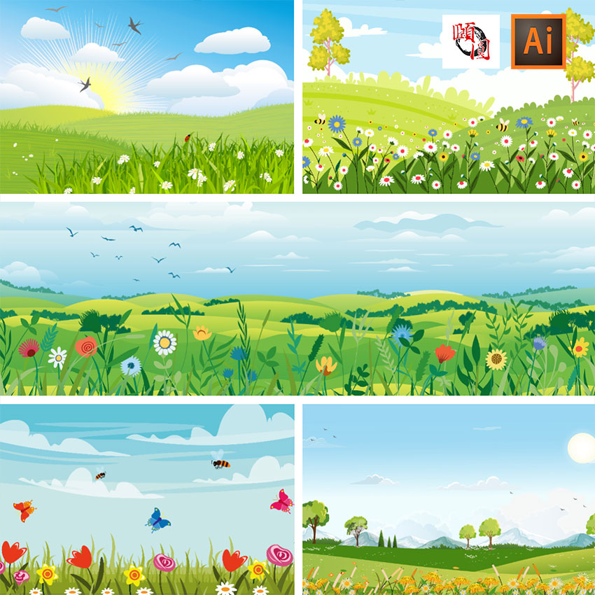 鲜花绿草地春夏背景花叶草木田园卡通插画背景AI矢量设计素材