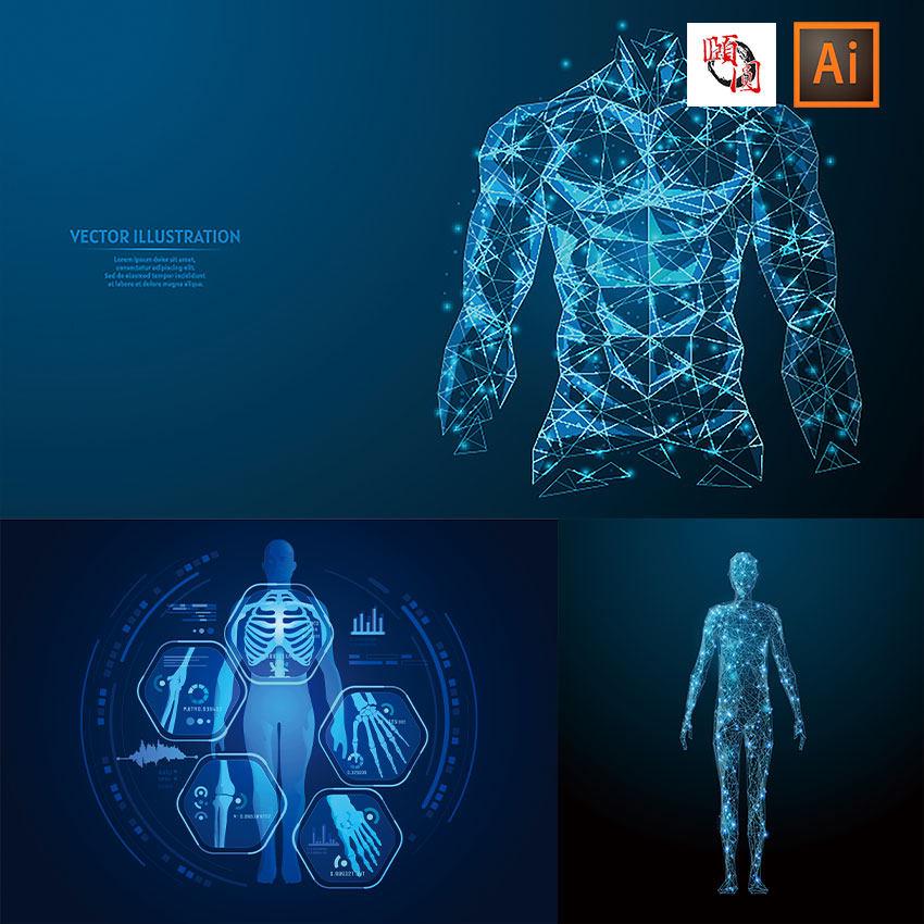 虚拟现实医学蓝色人体结构扫描模型从线和点线框AI矢量设计素材