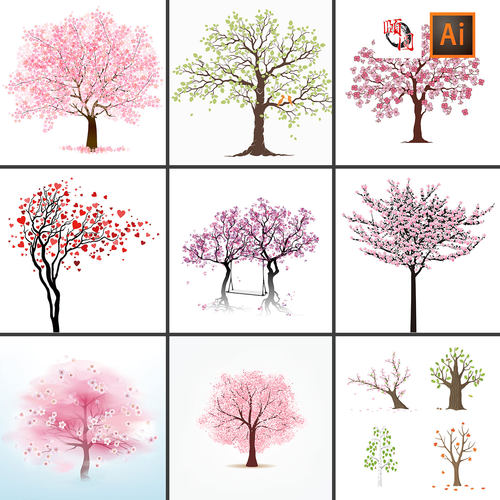 粉色大树樱花桃花浪漫树木树枝插画元素AI矢量设计素材