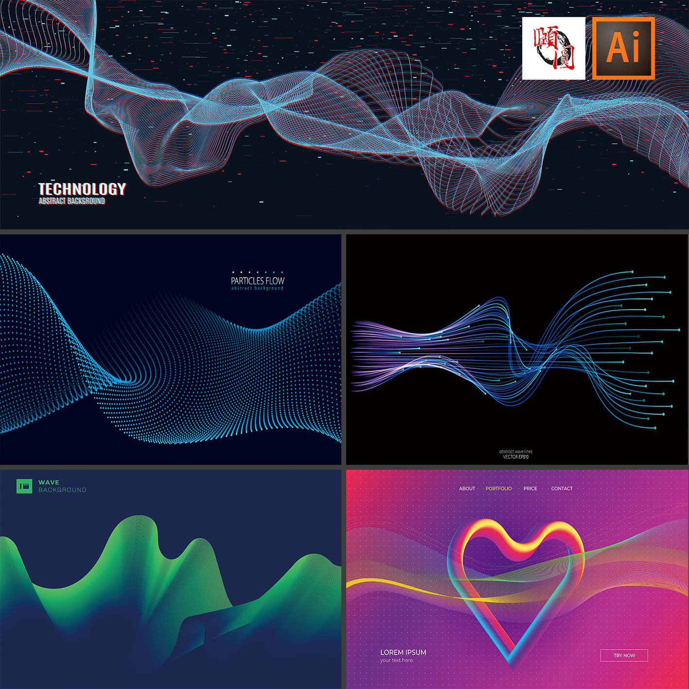 动感发光粒子曲线线条网络数据科技背景ai矢量设计素材