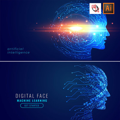 大脑芯片神经元蓝色未来AI智能科技机器人AI矢量设计素材