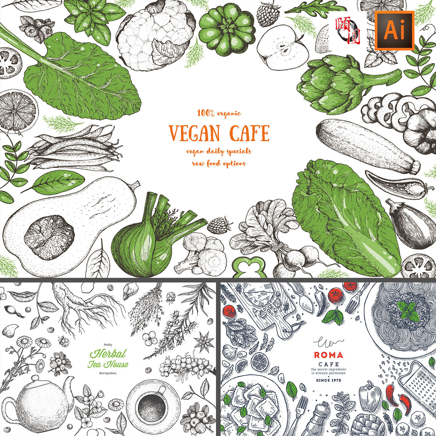 各地美食手绘线描素描餐饮果蔬食物菜单海报背景墙ai矢量设计素材