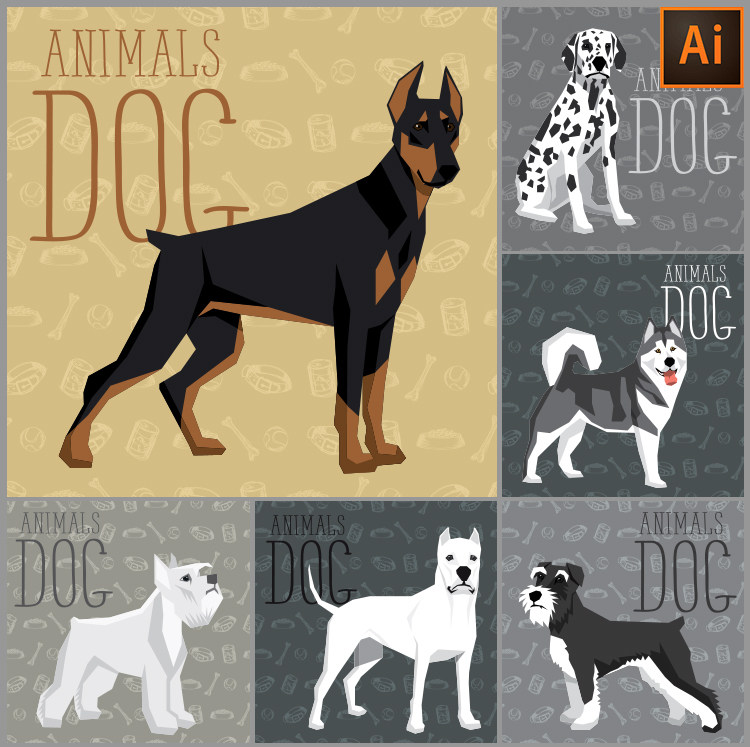 卡通可爱狗狗杜宾二哈斗牛小狗插画插图矢量设计素材