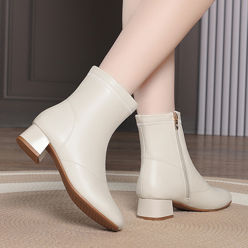 春秋季单靴女粗跟短靴中跟方头裸靴软皮棉鞋秋冬加绒女鞋