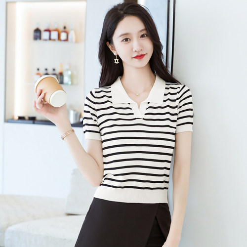 春夏短袖新款女短款T恤冰丝polo领条纹套头薄款针织衫女